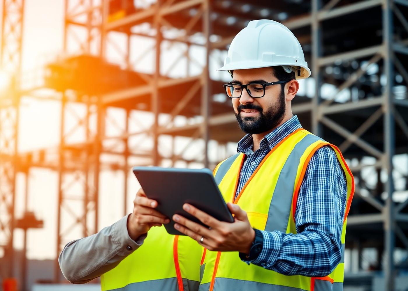 Superintendent using StructMetrics on a tablet on the jobsite